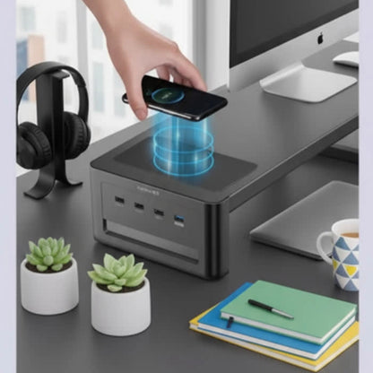 Support Moniteur Ergonomique avec chargeur sans fil - Réhausseur Ecran Multifonction
