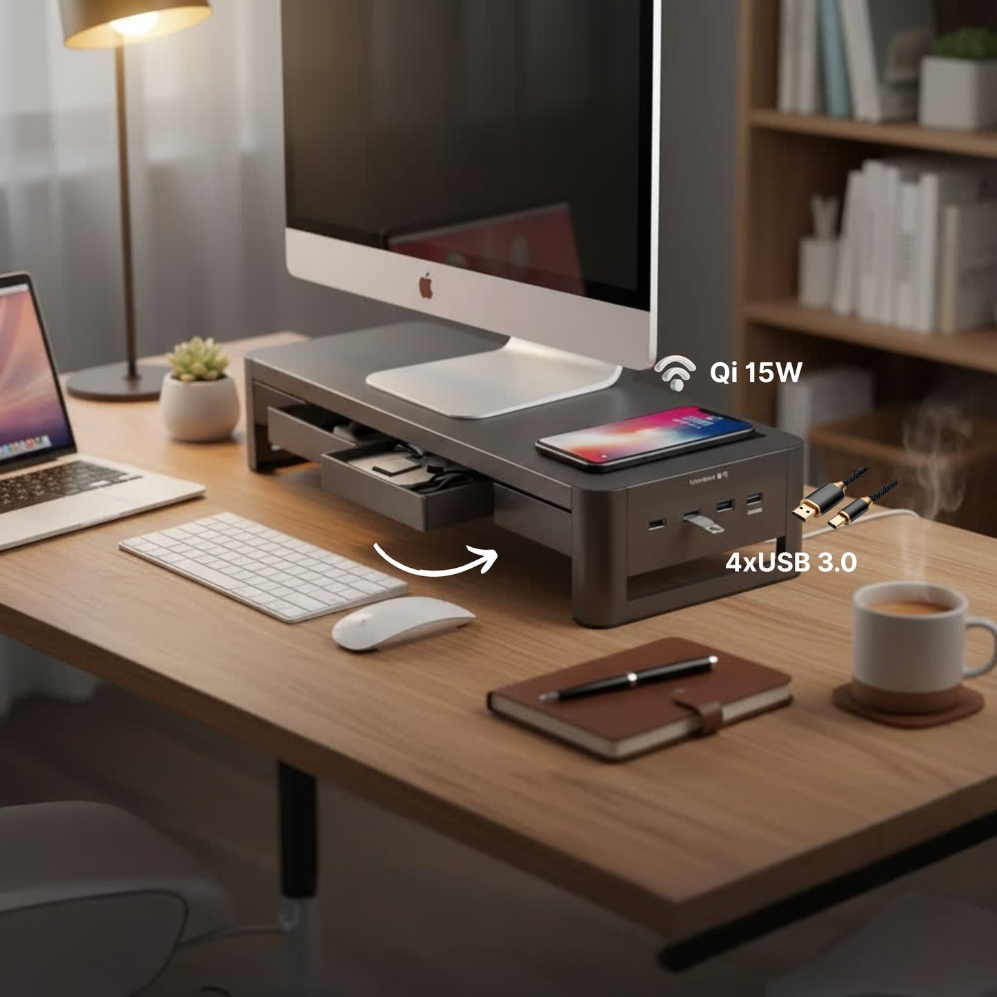 Support Moniteur Ergonomique avec chargeur sans fil - Réhausseur Ecran Multifonction