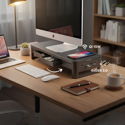 Support Moniteur Ergonomique avec chargeur sans fil - Réhausseur Ecran Multifonction